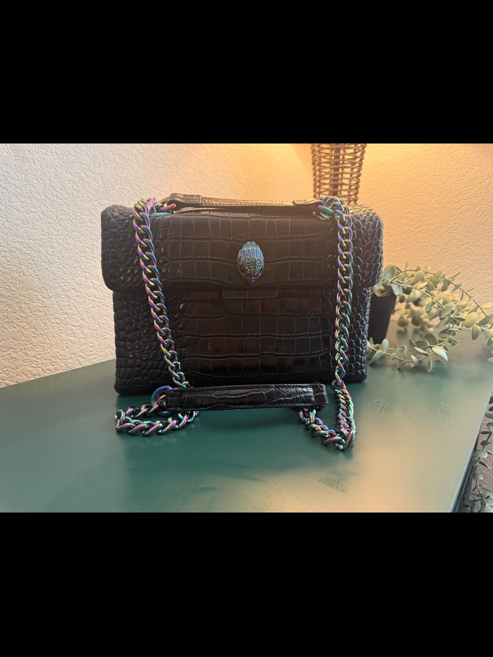 Kirt Geiger London Kensington Medium Bag Black Croc-Embossed Chain Shoulder Bag